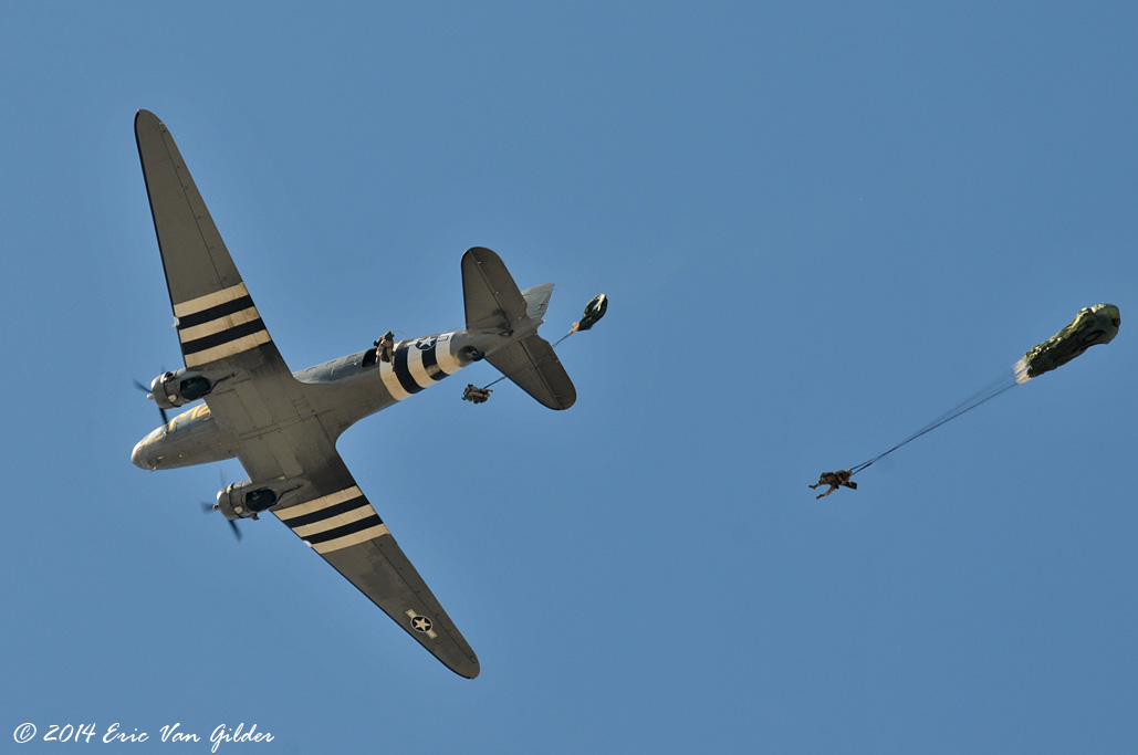 USMC paratroopers jumping from a D-Day veteran C-53