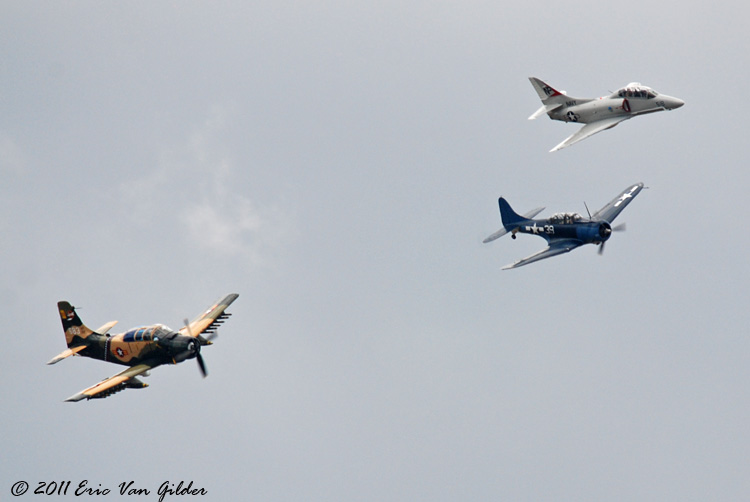 A-1 Skyraider, A-4 Skyhawk and SBD Dauntless formation