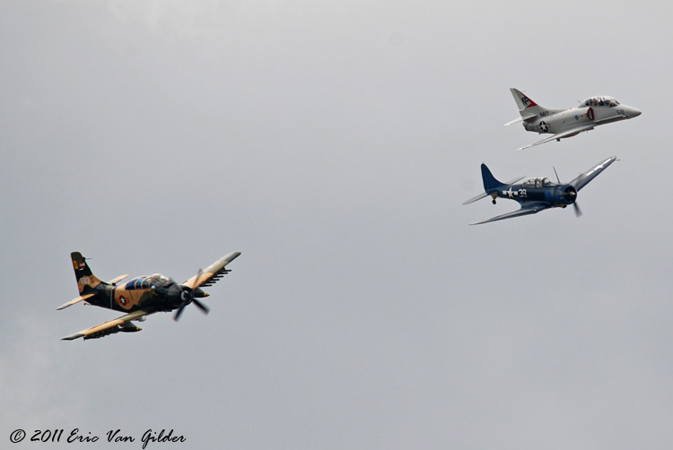 A-1 Skyraider, A-4 Skyhawk and SBD Dauntless formation