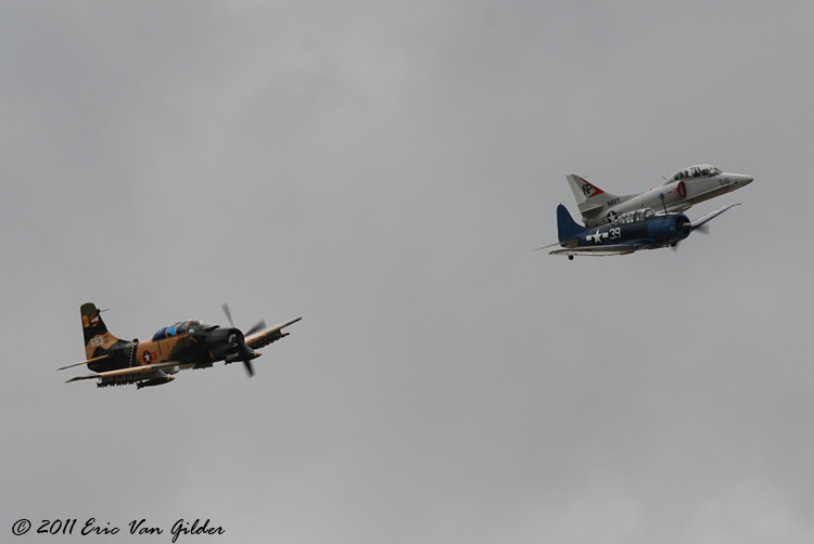 A-1 Skyraider, A-4 Skyhawk and SBD Dauntless formation