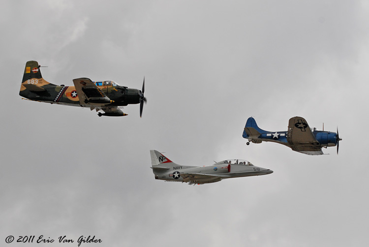 A-1 Skyraider, A-4 Skyhawk and SBD Dauntless formation