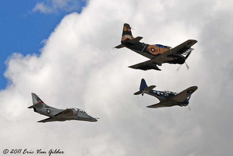 A-1 Skyraider, A-4 Skyhawk and SBD Dauntless formation