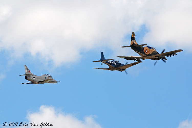 A-1 Skyraider, A-4 Skyhawk and SBD Dauntless formation